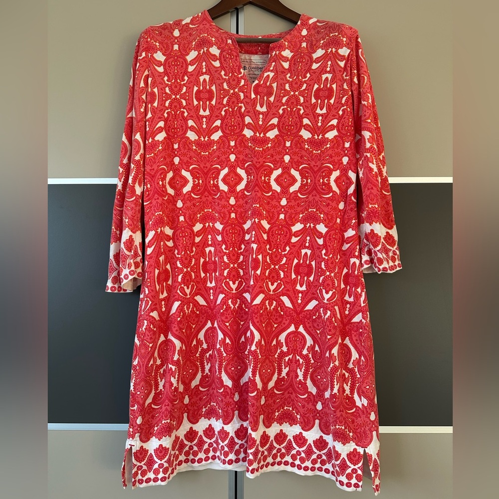 Coolibar Long Sleeve Mini Dress Women’s M Orange Paisley UPF 50+ Sun Protect